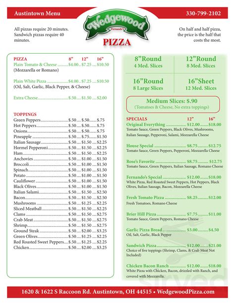 Wedgewood pizza austintown menu - Online menus, items, descriptions and prices for Wedgewood Fernando's Pizza - Restaurant - Youngstown, OH 44515